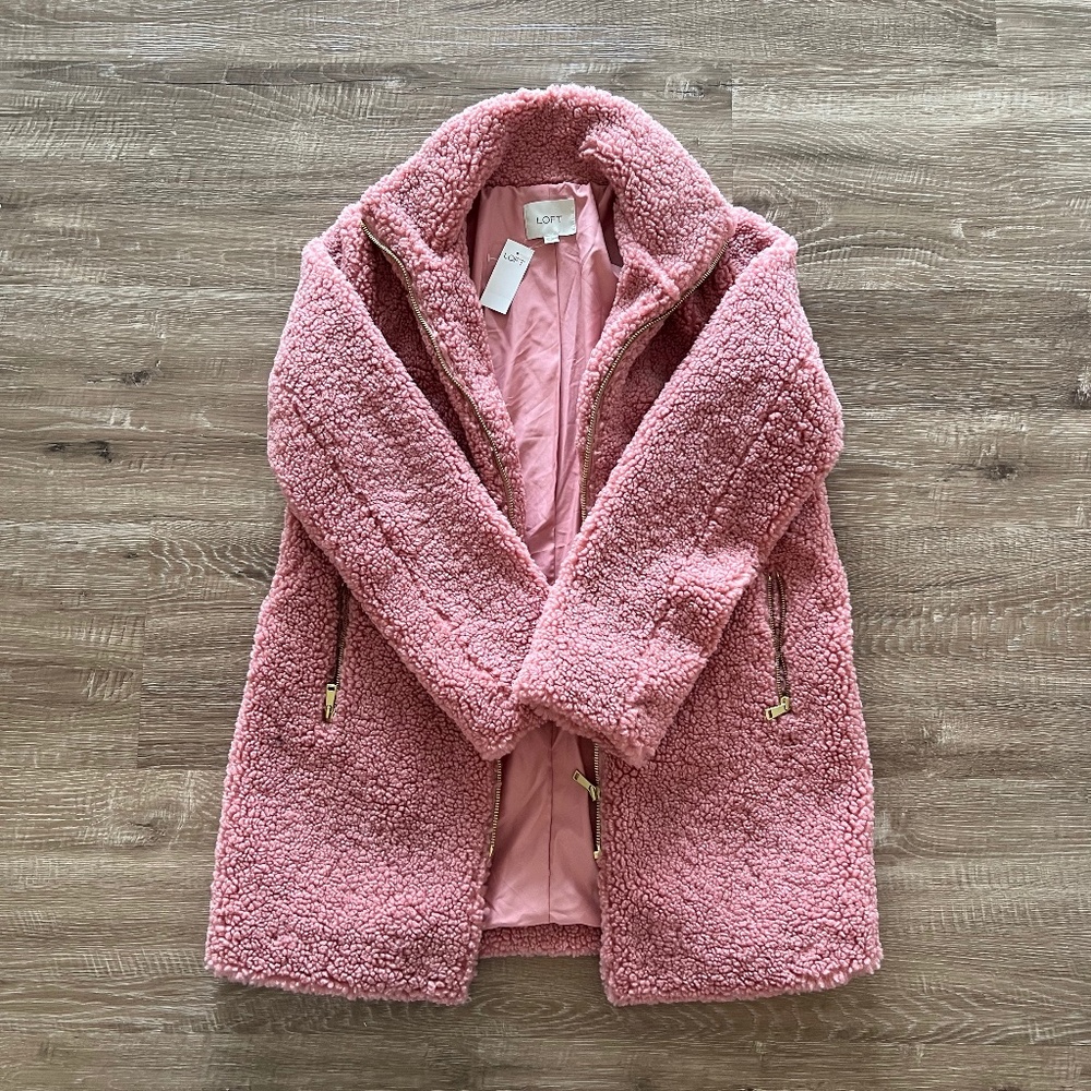 NWT LOFT Funnel Neck Sherpa Coat in Pink Size XS